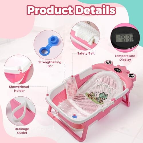 Baby Bathtub for Infant to Toddler,Collapsible Baby Bath Tub with Soft Cushion & Thermometer,Space Saving Foldable & Travel Newborn Bathtub 0-36 Months (Beige, Frog) thumbnail 3