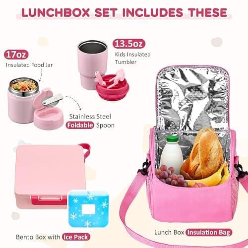 Pawtong Lunch Box Set with Bento Box Container, 17OZ Stainless Steel Food Soup Thermo, Kids Water Bottle & Portable Insulated Lunch Bag – Leakproof, Hot/Cold Retention for School, Travel(Pink) thumbnail 3