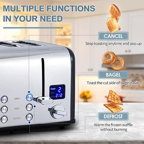 CUSIMAX 4 Slice Stainless Steel Toaster with Digital Display, Black | LED Display with Countdown Timer, 6 Browning Levels, Bagel/Defrost/Cancel, Dual Independent Controls, 1.5" Extra Wide Slots thumbnail 7