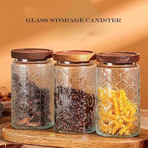 Livejun Vintage Glass Coffee Food Storage Jars with Acacia Lids Airtight Storage Coffee Containers Design Canisters set Kitchen Wide Mouth Glass Jars for Cookies,Tea,Sugar 1000ml (33.8OZ) Set of 3 thumbnail 6