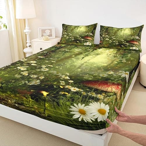 Erosebridal Magic Fitted Sheet Mushroom Fitted Sheet Twin Size Daisy Leaves Branches Sunset Nature Bedding Set Trippy Style Fairy Tale Theme Bed Cover Home Room Decorative thumbnail 4