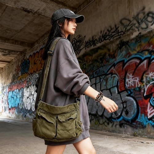 Canvas Messenger Bag for Women, Grunge Bag with Fairy Grunge Bracelet, Crossbody Bag with Bracelets Fairy Grunge Clothes thumbnail 2