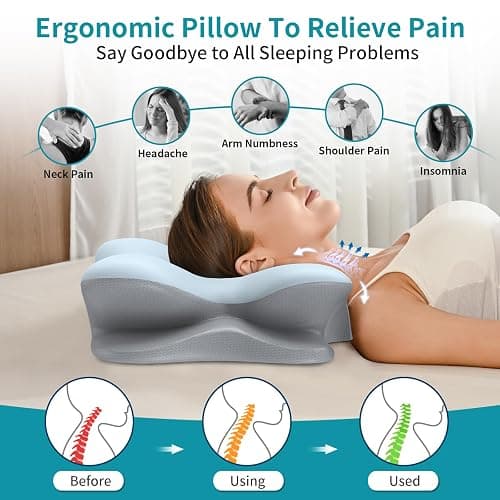Cervical Neck Pillow for Pain Relief - Ergonomic Pillow for Neck Support, Contour Memory Foam Pillows for Sleeping, Orthopedic Bed Pillow for Side Back Stomach Sleepers(Blue) thumbnail 4