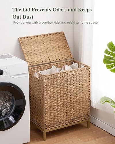SETVSON Laundry Hamper with Lid, 112 L Handwoven Rattan Wicker Laundry Basket, 2 Removable Liner Bags Metal Heightened Feet, 6 Mesh Bags, 2 Section Large Clothes Hamper for Bathroom Bedroom, Natural thumbnail 7
