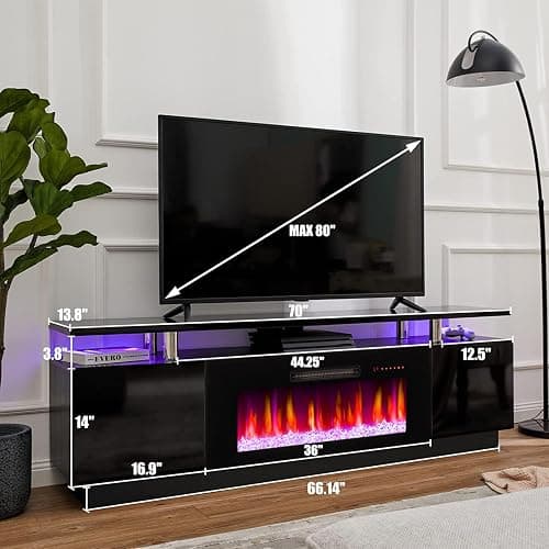 AMERLIFE Fireplace TV Stand with 36" Fireplace, 70" Modern Fireplace Entertainment Center LED Lights, 2 Tier TV Console Cabinet for TVs Up to 80", Obsidian Black thumbnail 2