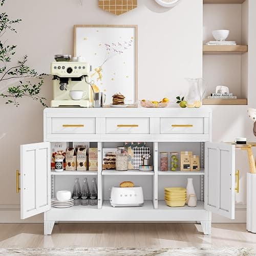 Sideboard Buffet Cabinet with Drawers, White 47.2" Large Sideboard Cabinet with Doors & Adjustable Shelves, Modern Farmhouse Coffee Bar Console Table, Coffee Bar for Kitchen, Dining Room thumbnail 7