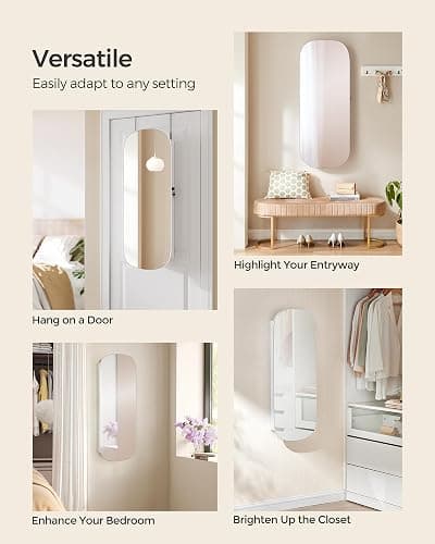 SONGMICS Jewelry Organizer, LED Jewelry Cabinet, Wall/Door Mounted | Rounded Wide Mirror with Storage, Cloud White Surface with Tan Lining, AILEAS Collection UJJC026W01 thumbnail 8