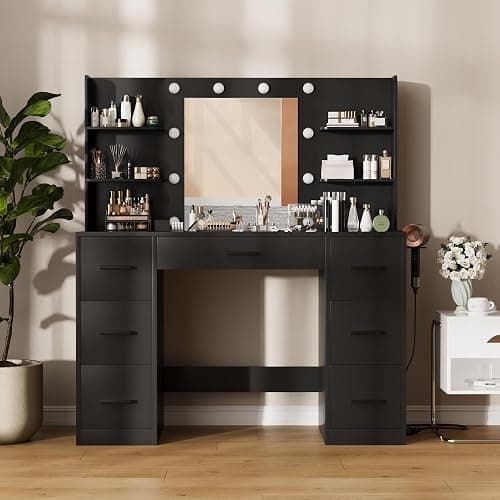 Furmax Vanity Desk with Mirror, LED Lights and Power Outlet Makeup Vanity Table with 7 Drawers and 6 Storage Shelves Dressing Table for Bedroom Dressing Room (Black) thumbnail 5