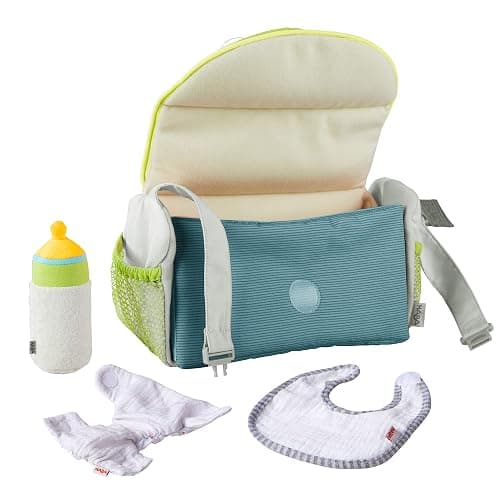 HABA Baby Doll Diaper Bag with Soft Bottle & Reusable Cloth Doll Diapers, Folds into Changing Mat, Summer Meadow Print Toddler Pretend Play Accessories for Ages 18 Months & Up thumbnail 3