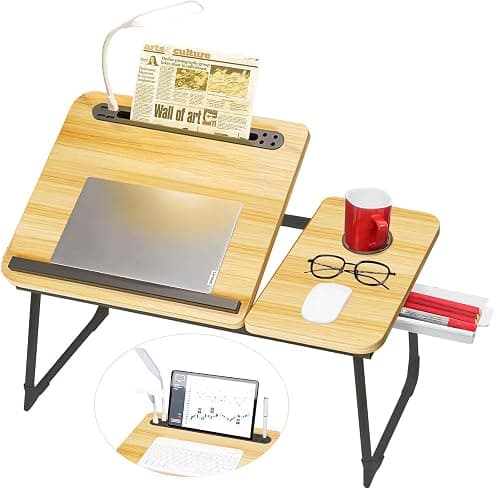 CloudTrip Plus XL Adjustable Laptop Desk with Light, USB Port, iPad Holder, Drawer Storage - Larger 23.6IN Adjustable Lap Desk for Bed, Home Office, Breakfast Tray, Fordable Legs Desk (Walnut) - Image 1