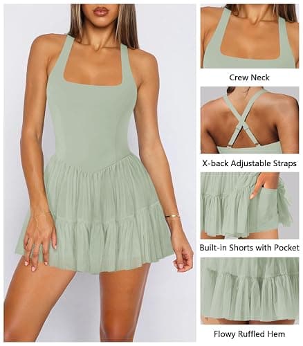 Hragc Women's Tennis Flowy Pleated Ruffle Athletic Dress for Women Halter Neck Sleeveless Mini Golf Dress with Shorts Pocket thumbnail 4
