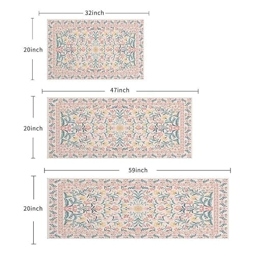 XSCQ 3PCS Vintage Pink Floral Kitchen Rugs Washable,Cushioned Rug Anti-Fatigue Mats for Kitchen Decor Accessories,Waterproof Non-Slip Mats and Rugs Set for Office,Floor,Laundry 20x32+20x47+20x59 Inch thumbnail 2