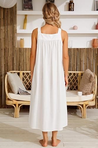 YOZLY Cotton Nightgowns for Women Embroidery Sleeveless Night Gown with Pockets S-XXXL thumbnail 5