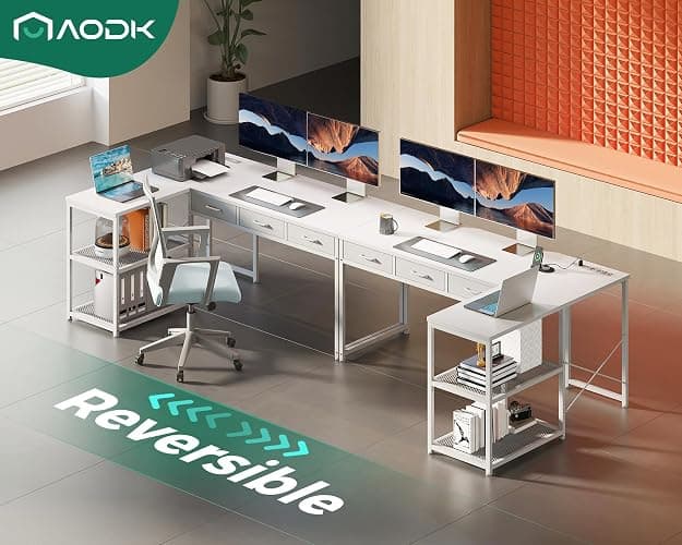 AODK 53 Inch L Shaped Computer Desk with Drawers, Corner Desk with Power Outlets & Reversible Storage Shelves, for Home Office Gaming, White thumbnail 7