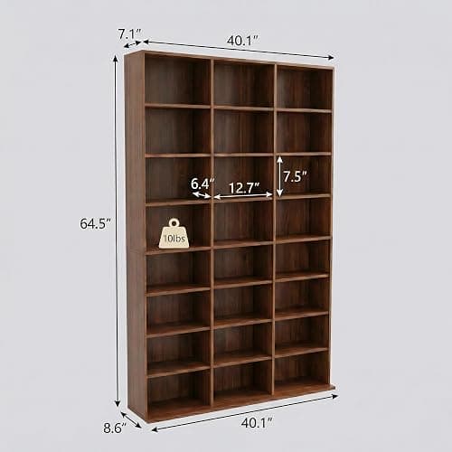 holzart 8-Tier Media Storage Cabinet, Tall Wooden CD DVD Rack Organizer, Freestanding Media Display Shelf Tower for Video Games, Movies, Books and Collectibles, 40" x 64", Rustic Brown Finish thumbnail 3