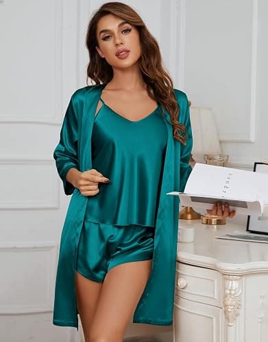 SAPJON Silk Pajamas for Women 5Pcs Sleepwear Loungewear Satin Robe Cami Shorts Pj Set thumbnail 5