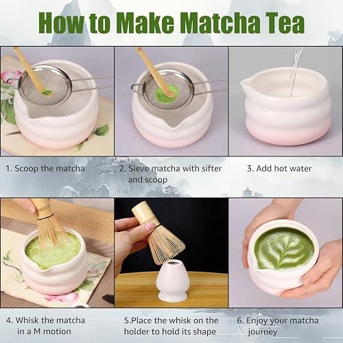 Matcha Set, 7-teiliges Matcha Besen Set mit Matcha Zubehör Schale Matcha Löffel Matcha Schneebesen Matcha Besenhalter Matcha Sieb, Matcha Whisk Traditionell Matcha Tea Set für Teeliebhaber (7Rosa) thumbnail 4