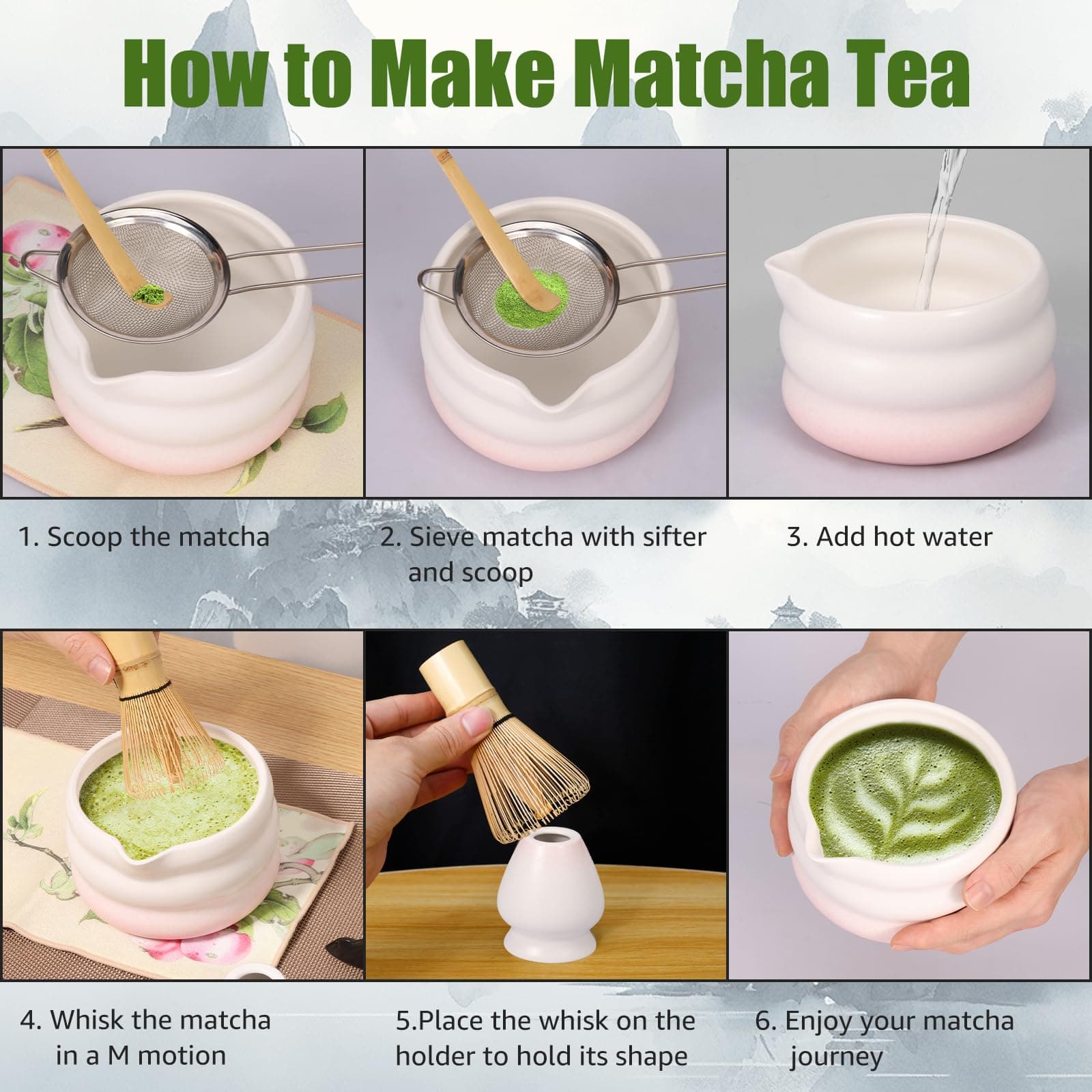 Japanese Matcha Tea Set, Easy to Use, Elegant Green Kit, Smooth Help Relaxing Japanese Tea Making Set, for Matcha Tea Ceremony Home Use (Pink) - Pink thumbnail 8