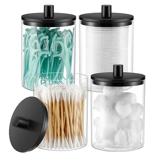 TIPGO Glass Qtip Holder Dispenser - 10 oz Clear Canister Apothecary Jar, Bathroom Vanity Storage Organizer Set for Cotton Swabs, Pads, Floss Picks, Small Containers for Makeup Storage (4 Pack, Black) - Image 1