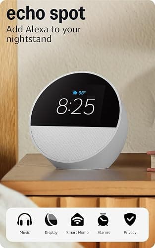 Amazon Echo Spot (newest model), Great for nightstands, offices and kitchens, Smart alarm clock with Alexa+ Early Access, Glacier White thumbnail 8