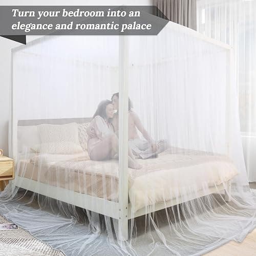 South To East White Canopy Bed Curtains, 4 Corner Post Queen King Bed Canopy for Girls & Adults, Top Luxurious Bed Drapes for Bedroom Decoration, 4 Openings, 100% Ripstop Polyester, Easy Install thumbnail 4