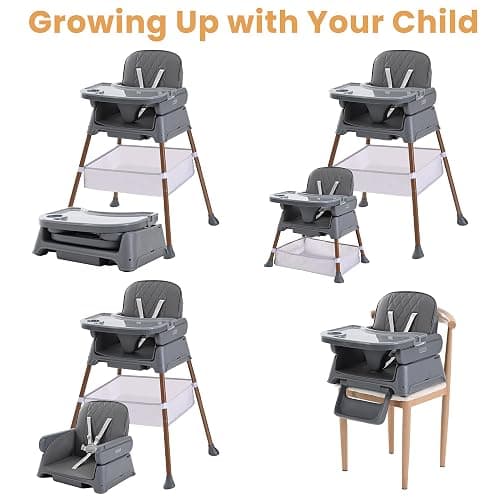 Hrusitoo 3 in 1 Convertible Baby High Chair – Adjustable Infant Feeding Chair for Babies & Toddlers, Modern Compact Baby Dining Chair with Removable Tray & Safety Harness, Gray Ink thumbnail 3
