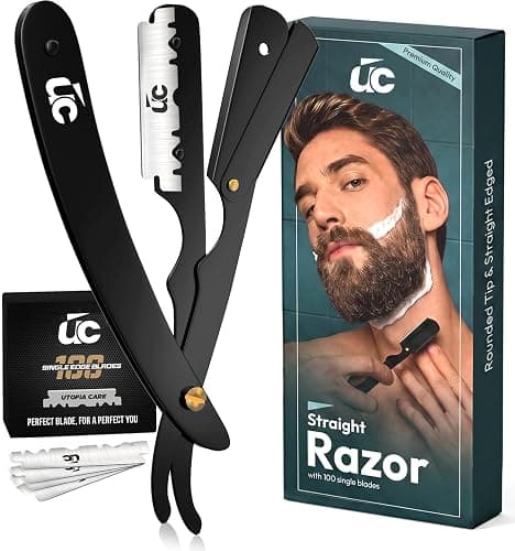 Utopia Care Barber Straight Razor for Men- 100pc Blades Straight Edge Razor | Professional Beard Grooming; Gifts For Men; Stocking Stuffers for Men - Image 1