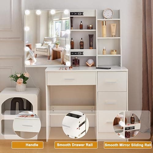 Teousev Vanity Desk with Lighting and Mirror,Small Vanity with 4 Drawers 6 Storage Shelves 3 Lighting Colors for Gilrs Vanity,White,31.5" L*14.2" W*51.2" H thumbnail 5