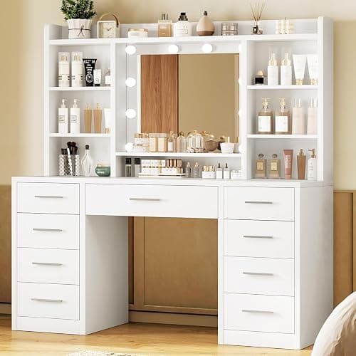 TEENFON Dressing Table with 3-Color LED Lights Mirror, Adjustable Brightness, Vanity Table Makeup Desk with 9 Drawers and 7 Storage Shelves, Modern Vanity Desk for Bedroom Dressing Room, White thumbnail 3