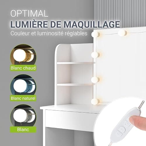 Juskys Coiffeuse Bella avec Miroir, éclairage LED, tiroir et 4 étagères, 108x40x140cm, Coiffeuse cosmétique Lumineux - Table de Maquillage pour Adulte et Enfant Fille - Blanc thumbnail 6