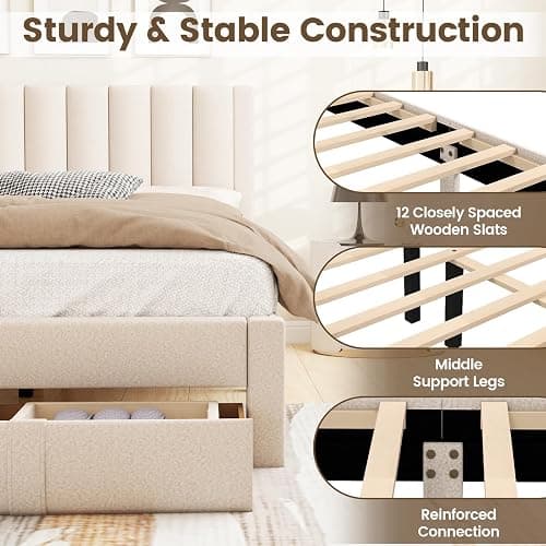 Giantex Queen Size Bed Frame with Storage Drawer, Upholstered Velvet Platform Bed with Vertical Channel Headboard, Wooden Slats Support Mattress Foundation, No Box Spring Needed, Beige thumbnail 5