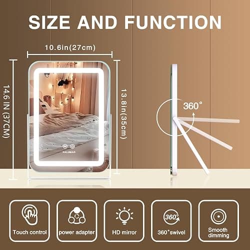 halumao Vanity Mirror with Lights, 14.5" Light Up Makeup Mirror, LED Makeup Mirror with Lights for Bedroom Tabletop, Smart Touch Control 3 Colors Dimmable, 360° Rotation thumbnail 2