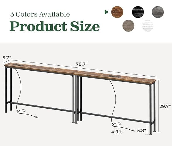 SUPERJARE 78.8 inch Narrow Behind Couch Table with 2 Charging Stations | 2 AC Outlets with USB-C Ports, Extra Storage Behind Sofa, Sofa Table Console Table for Entryway Living room, Rustic Brown thumbnail 3