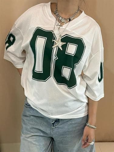Oversized Jersey Shirts for Women Y2k Number Graphic Print V Neck Short Sleeve Aesthetic Summer T-Shirt Streetwear thumbnail 2