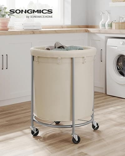 SONGMICS 50.2-Gallon (190 L) Laundry Basket with Wheels, Rolling Round Heavy-Duty Laundry Hamper Cart with Steel Frame and Removable Bag, 2 Locking Wheels, Cream White and Metallic Silver URLS01MZ thumbnail 2