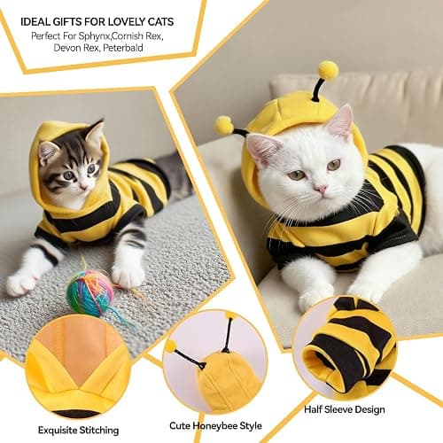 Bumblebee Cat Costume for Sphynx & Small Dogs, Fit Halloween, Yellow, XS | Cute Bee Stripes Hoodie, Soft Warm Fleece, Holiday Cosplay Outfit, Daily Leisure Wear, Easy to Put, Safe for Leash Walking thumbnail 3