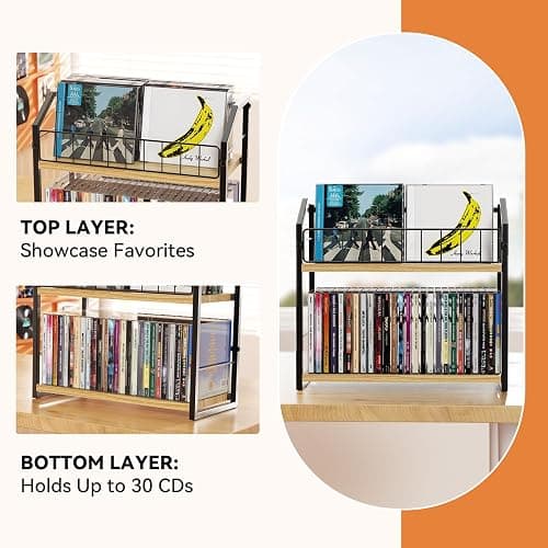 PAPAGIFTREE 2-Tier CD Holder, CD Storage Shelf for Display, CD Organizer with Dispay Top Shelf, Premium CD Rack for Home & Office, Holds Up to 60 Standard, Ideal for Music Enthusiasts (Yellow) thumbnail 4