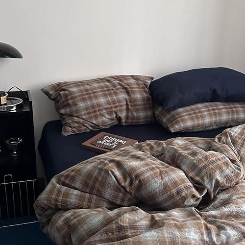 EAVD Vintage Buffalo Plaid Duvet Cover King 100% Washed Cotton Brown&Blue | 3-Piece Aesthetic Bedding Set, Reversible Gingham Pattern, 1 Duvet Cover with 2 Pillowcases, Retro Farmhouse, Zipper Closure thumbnail 8