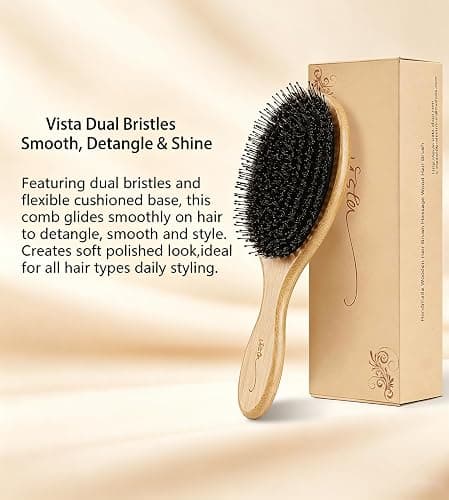 Vista Boar Bristle Hair Brush, Bamboo Paddle Hair Brush with a tail comb for Women, Men and Kids,Reduce Frizz and Adds Shine, Detangler Hairbrush for Thick Curly Thin Long or Short Hair thumbnail 2