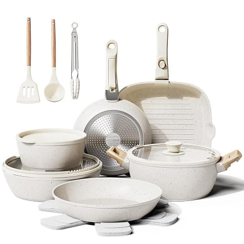 Bazova 19 Pcs Pots and Pans Set Non Stick Ceramic Cookware Set with Removable Handles, Non Toxic Induction Kitchen Cookware Sets RV Cookware,Dishwasher/Oven Safe PFAS/PTFE/PFOA Free Cream White - Image 1