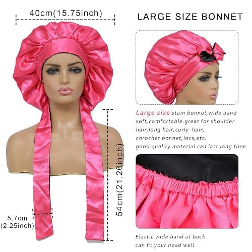 Satin Bonnet with Tie Band Adjustable Silk Bonnet Sleep Cap for Braids double layer with Tie for Sleeping (Hot Pink +Black) thumbnail 2