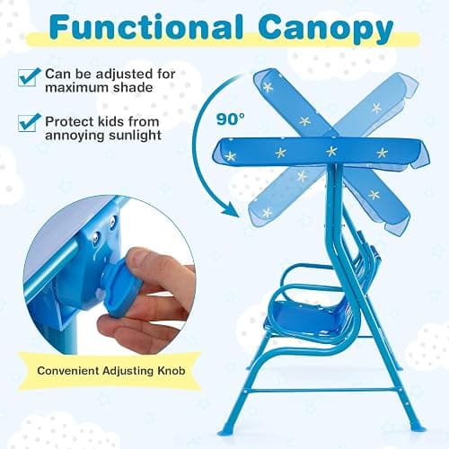 Costzon Kids Porch Swing, All-Weather Patio Swing Bench Hammock w/Adjustable Canopy & Safety Belts for 2 Children, Outdoor Swing for Backyard Garden Balcony Poolside (Blue, Dinosaur) thumbnail 4