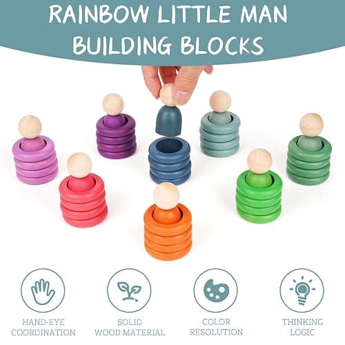 Montessori Toys Wooden Color Sorting Stacking Rings Toy Rainbow Wooden Peg Dolls Counting Toys Circular Building Blocks Stacking Game Preschool Learning Education Fine Motor Skill Toys for Toddlers thumbnail 5
