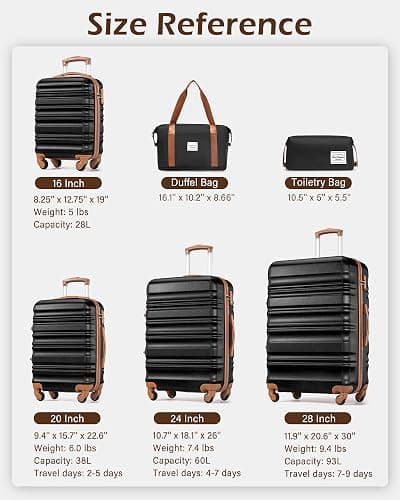 LONG VACATION 6 Piece Luggage Set Carry on Suitcase with ABS+PC hardshell, Spinner Wheels & YKK Zipper TSA Lock (BLACK-BROWN, 6 piece set) thumbnail 8
