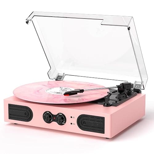 Vinyl Record Player with Built-in Speakers 3-Speed Vintage Record Player Support Treble& Bass Control, 3.5mm Headphone Jack, RCA-Out/Aux in, Belt-Driven LP Turntable,Pink - Image 1