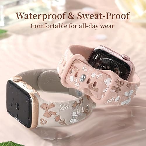 Lerobo Floral Band Compatible with Apple Watch Bands for Women 40mm 41mm 38mm 42mm 44mm 45mm 46mm 49mm, Engraved Cute Bow Soft Silicone Sport Strap for iWatch Series 11 10 9 8 7 6 5 4 3 2 1 SE Ultra thumbnail 4