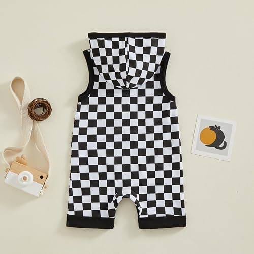 Karesoull Newborn Boy Checkered Outfit Baby Sleeveless Hooded Romper Jumpsuit Cute Summer Clothes thumbnail 3