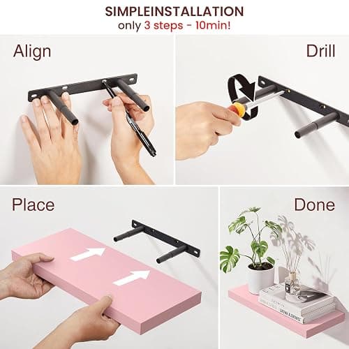 BAYKA Pink Floating Shelves 15.7in, Set of 3, Wall Mounted for Wall Decor | Easy Install, 22lbs Max Load, Hidden Bracket, Shelving for Bathroom Bedroom Kitchen Display Storage, Multi-Wall Compatible thumbnail 5