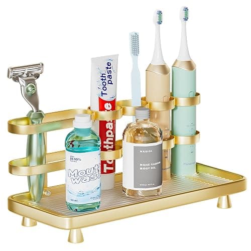 YOOLENS Electric Toothbrush Holder for Bathroom Countertop 5 Metal Slots Toothpaste Razor Mouthwash Organizer, Gold - Image 1