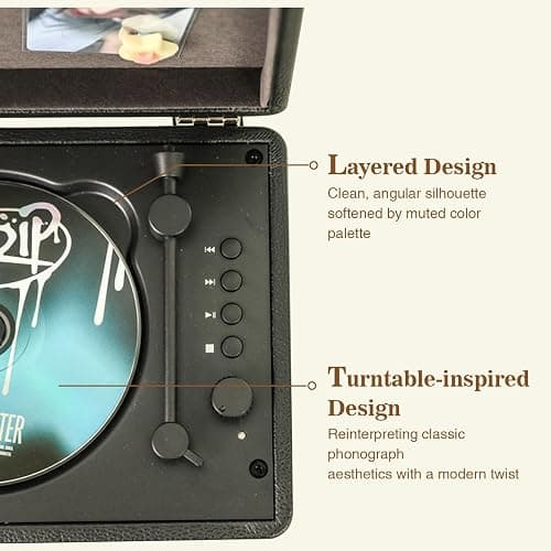WhatPlus Portable CD Player with Bluetooth 5.2, Rechargeable Battery & Built-in Speakers – Hi-Fi Retro Suitcase Design for Home Decor, AUX/TF Card Support – Ideal Gift (Black) thumbnail 4